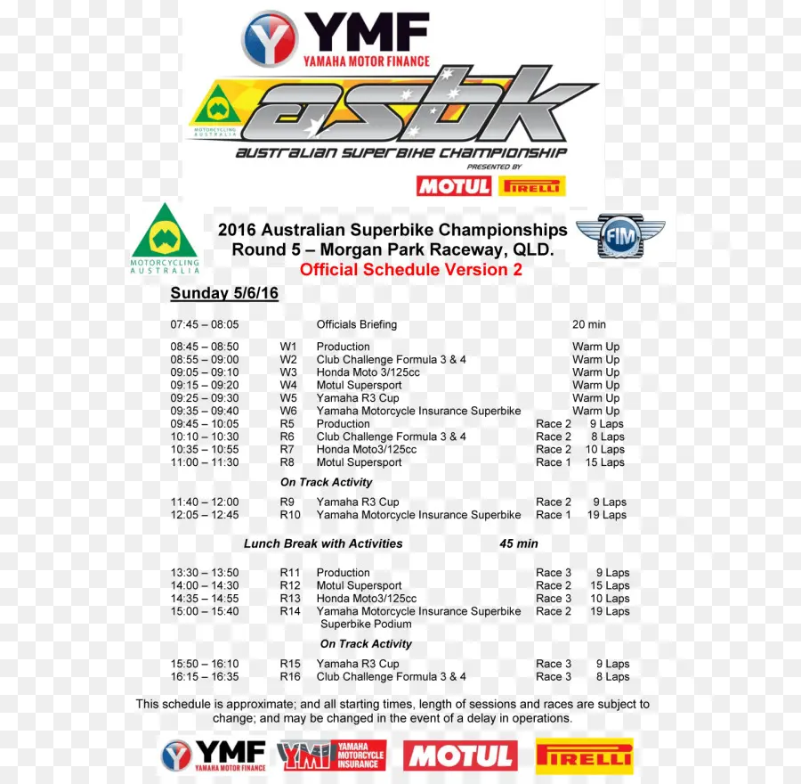 ตารางการแข่งขันชิงแชมป์ Superbike，แข่ง PNG