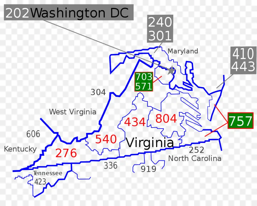 แผนที่รหัสพื้นที่，รัฐเวอร์จิเนีย PNG