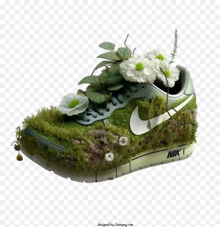 รองเท้าผ้าใบที่ทำจากใบสีเขียวและมอส，รองเท้า Nike PNG