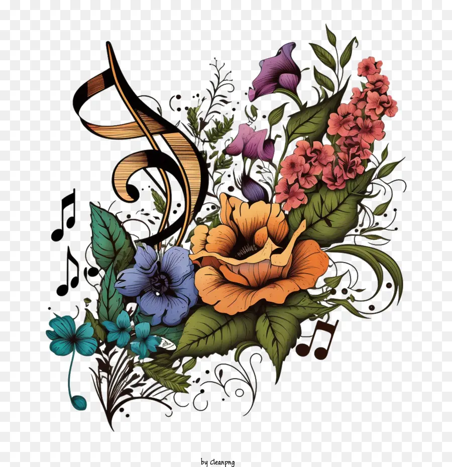 โน้ตดนตรีด้วยดอกไม้，เพลงโน๊ต PNG