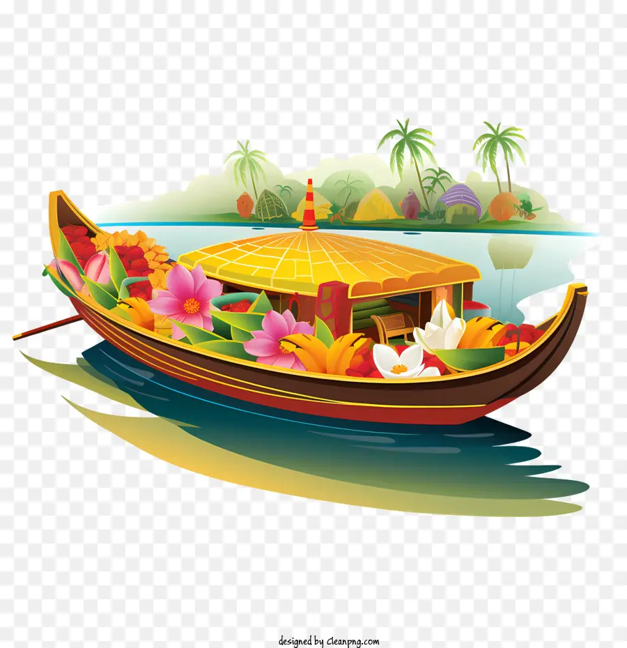 เรือโอนัม，เรือสีสันสดใสพร้อมดอกไม้ PNG