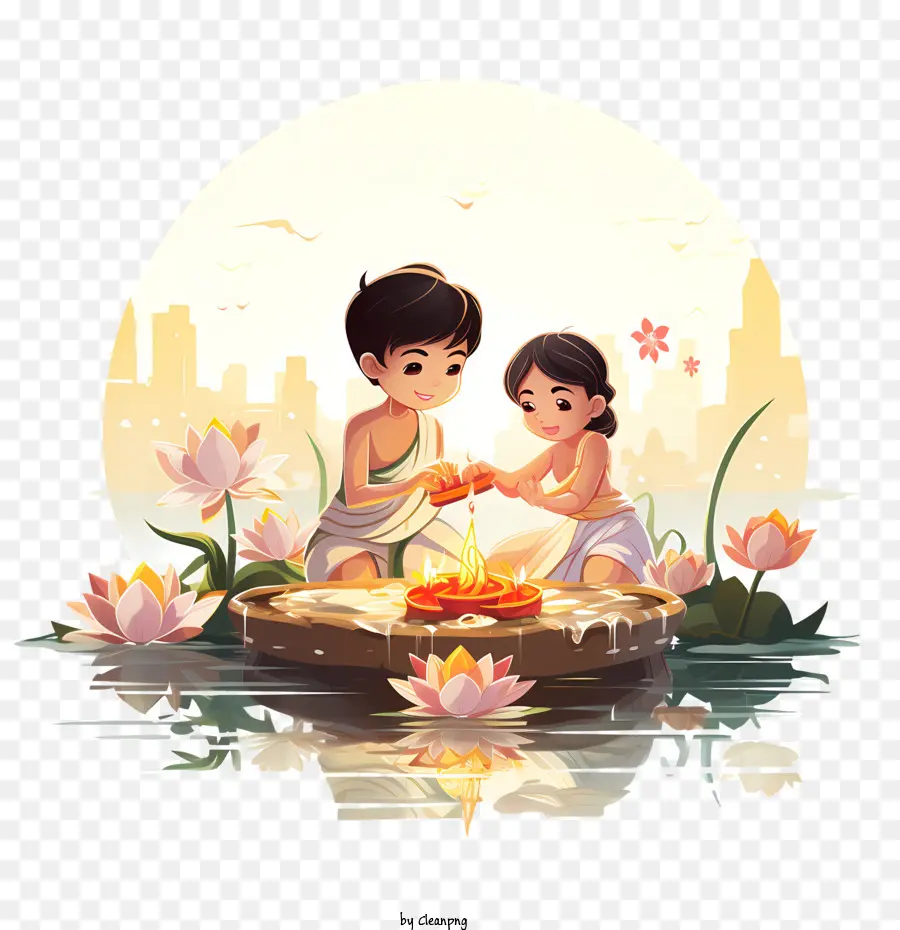 Loi Krathong，เด็กที่มีเทียน PNG