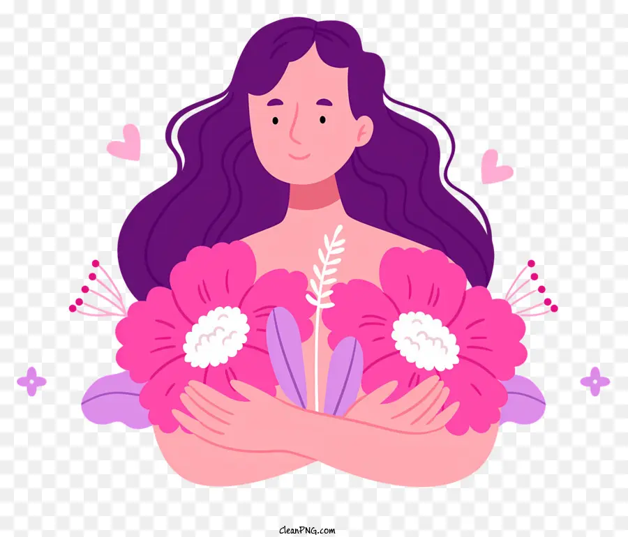 ผู้หญิงที่มีผมหยิกยาว，ดอกไม้สีชมพู PNG