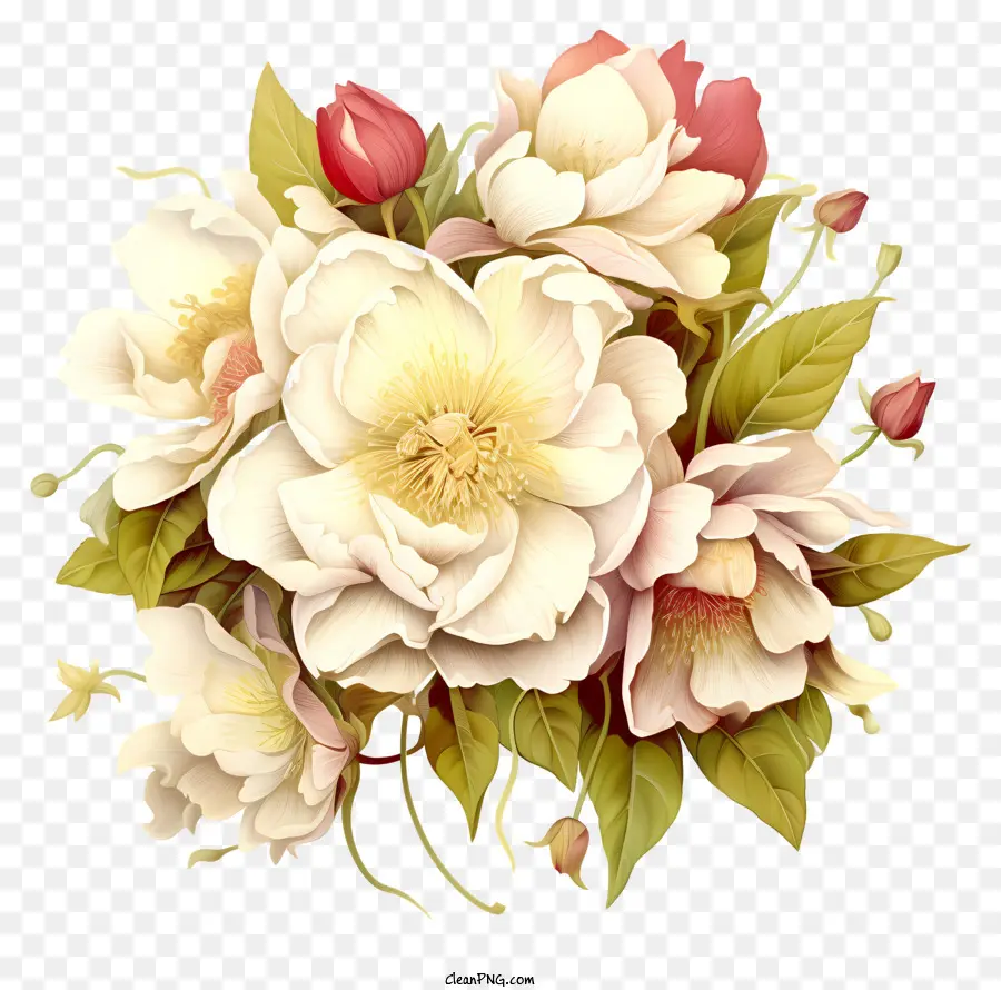 ดอกโบตั๋น，ดอกไม้สีขาวและสีชมพู PNG