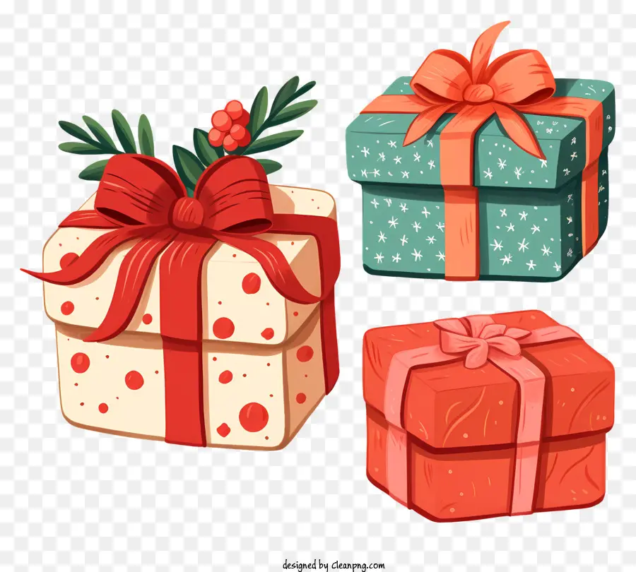 กล่องของขวัญ，ริบบิ้นสีแดงและสีเขียว PNG