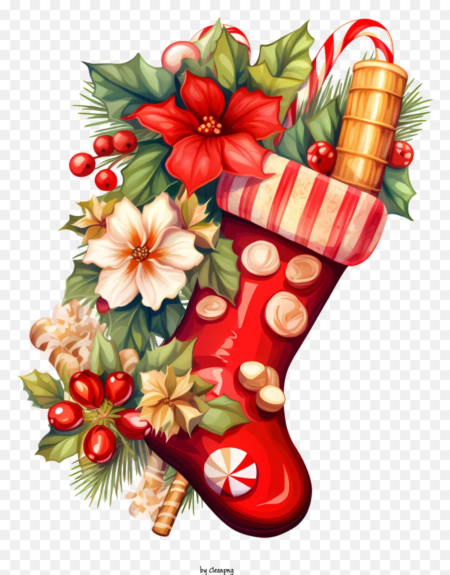 คริสมาสต์ถุงเท้า，ดอกไม้สีแดงและสีขาว PNG