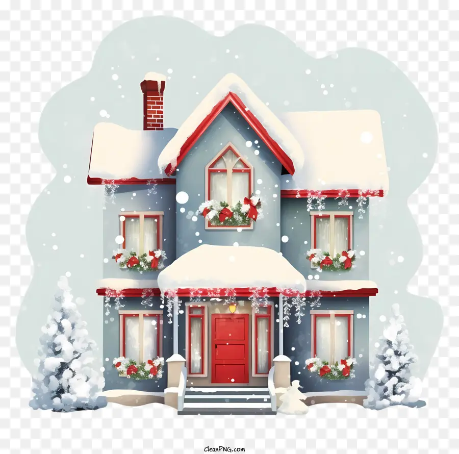 บ้านที่มีประตูหน้าสีแดง，ต้นไม้มีหิมะปกคลุม PNG