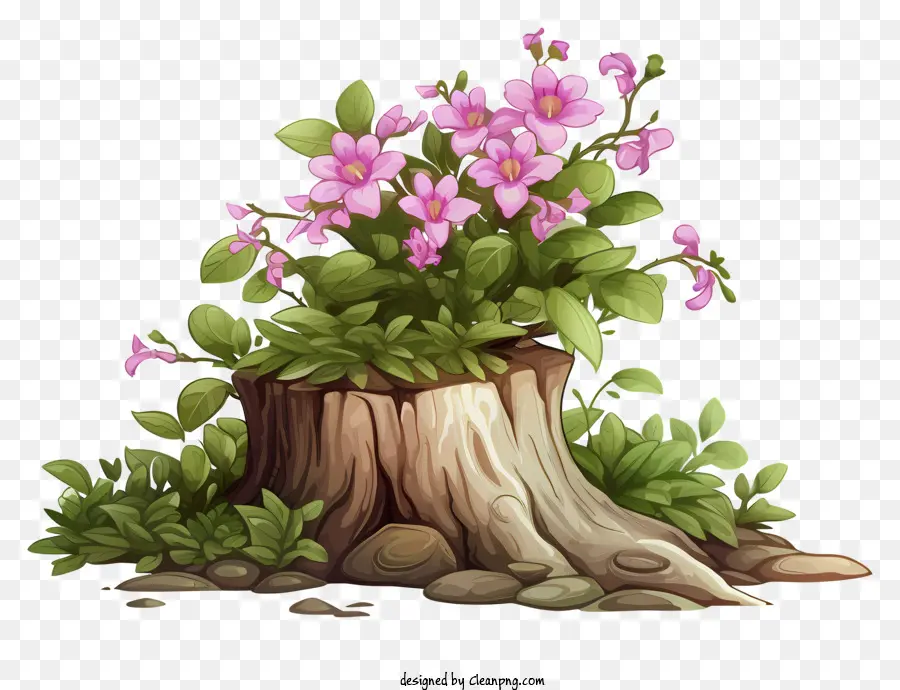 ตอไม้，ดอกไม้สีชมพูเติบโตบนตอ PNG