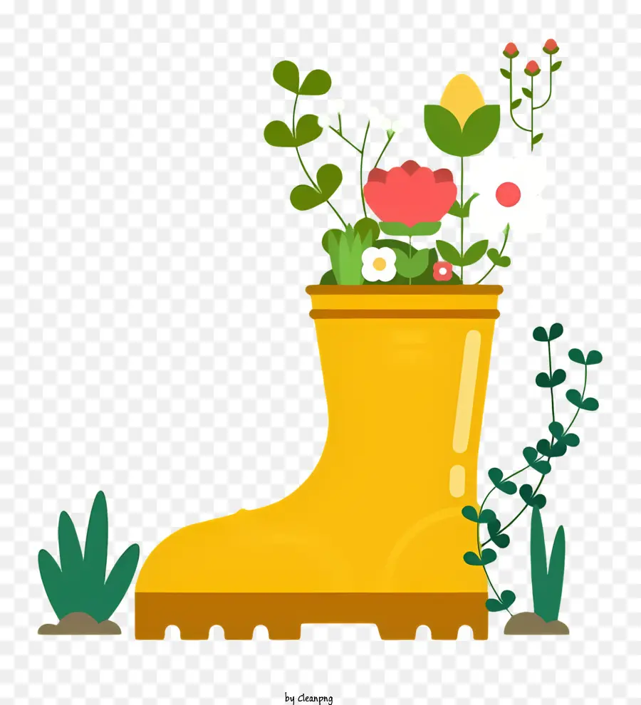 รองเท้ายางสีเหลือง，ดอกไม้กำลังเติบโต PNG