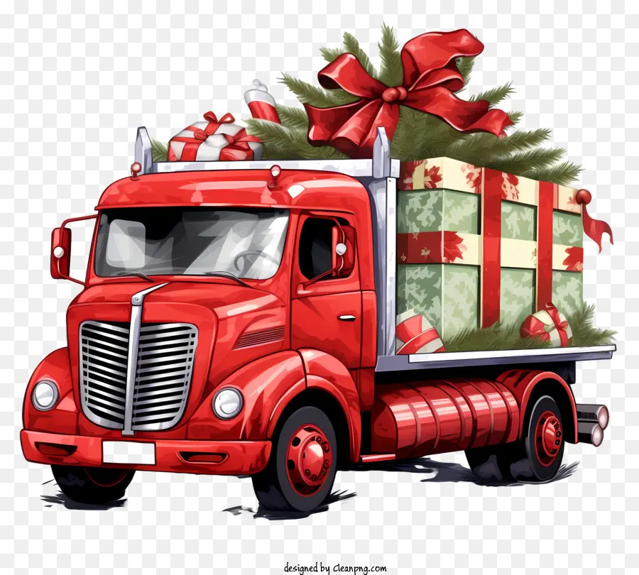 การจัดส่งของขวัญคริสต์มาส，รถบรรทุกกึ่งสีแดง PNG