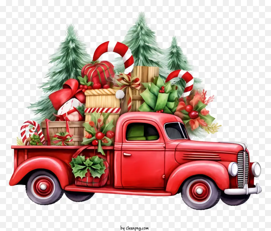รถบรรทุกสีแดงโบราณ，ของขวัญคริสต์มาส PNG