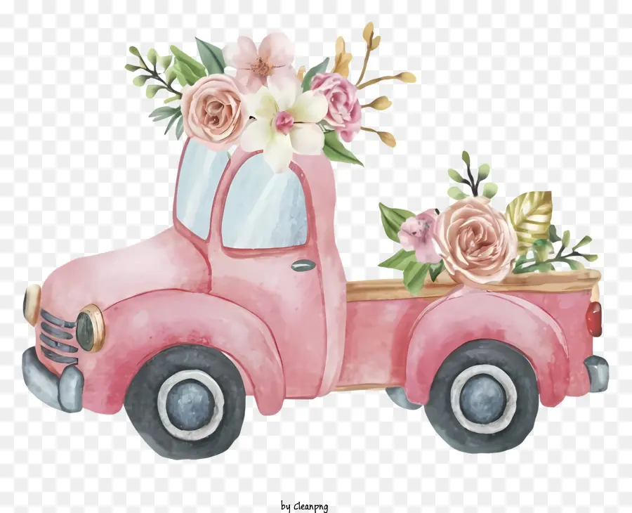 รถกระบะสีชมพู，ดอกไม้ในเตียงรถบรรทุก PNG