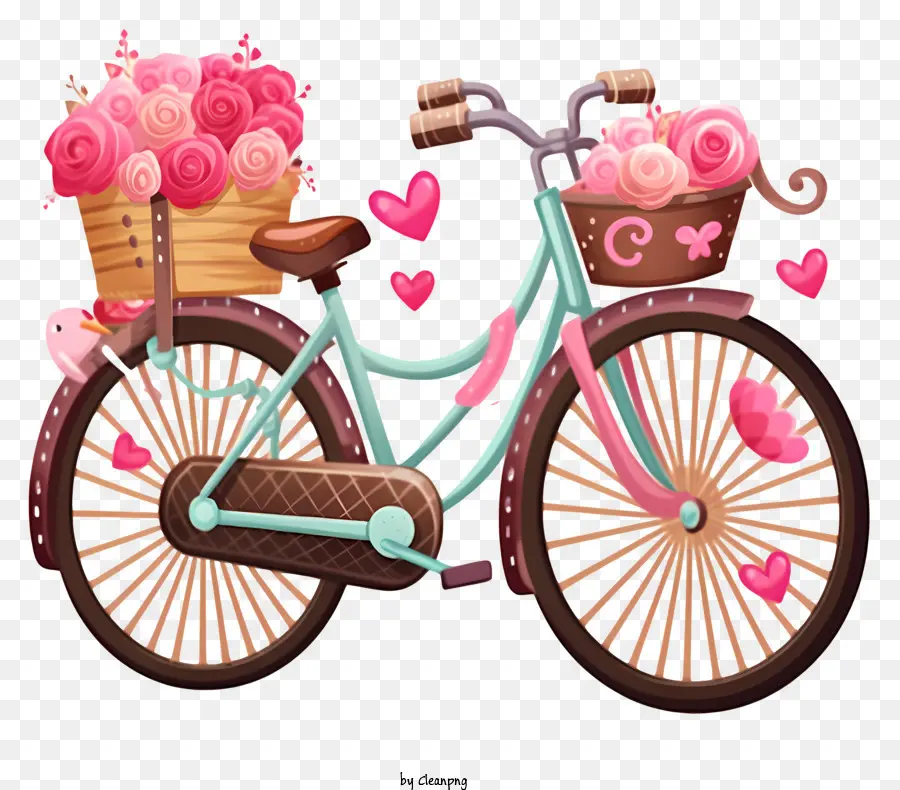 จักรยานกับดอกไม้，กุหลาบสีชมพูในตะกร้า PNG
