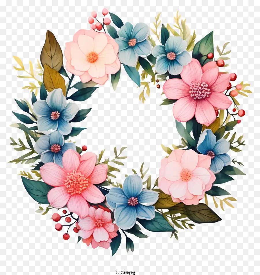 ดอกไม้ Wreath，สีชมพูและสีน้ำเงินดอกไม้ PNG