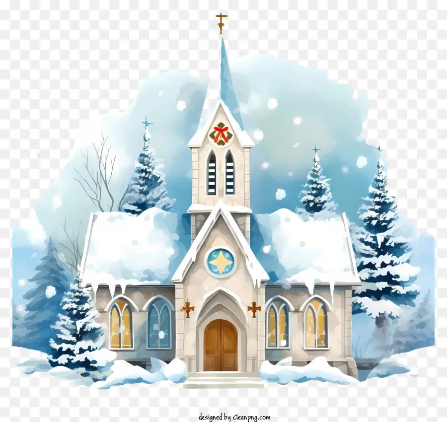 โบสถ์，หิมะตอนต้นไม้ PNG