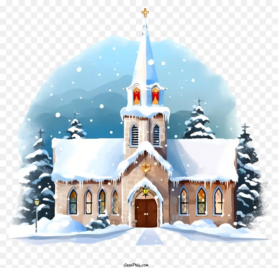 โบสถ์ในฤดูหนาว，ต้นไม้หิมะปกคลุม PNG