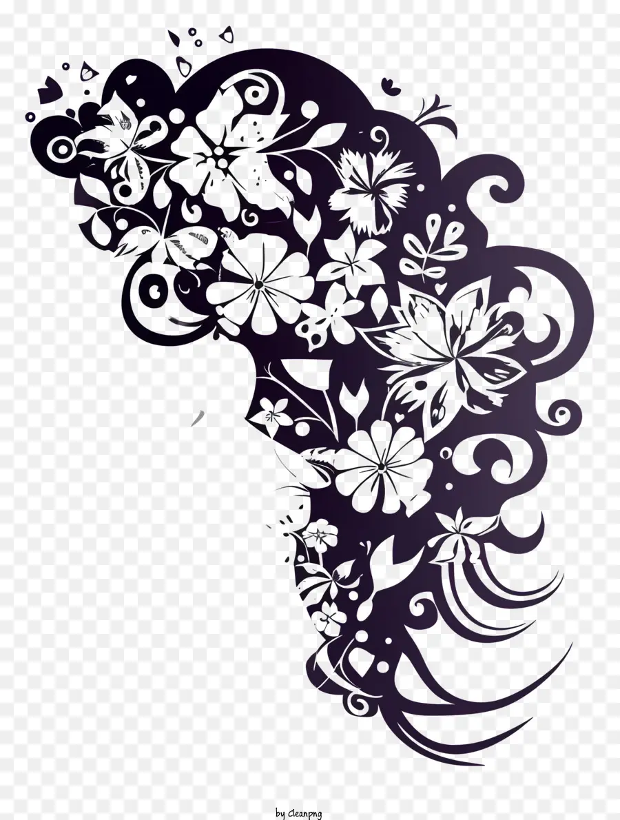 Doodle Women Side Face Silhouette，การออกแบบผมลายดอกไม้ PNG