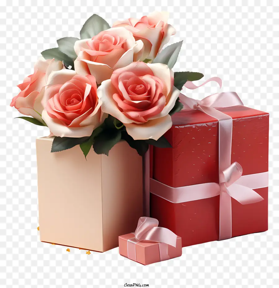 กล่องของขวัญ，บดอกกุหลาบสีชมพู PNG