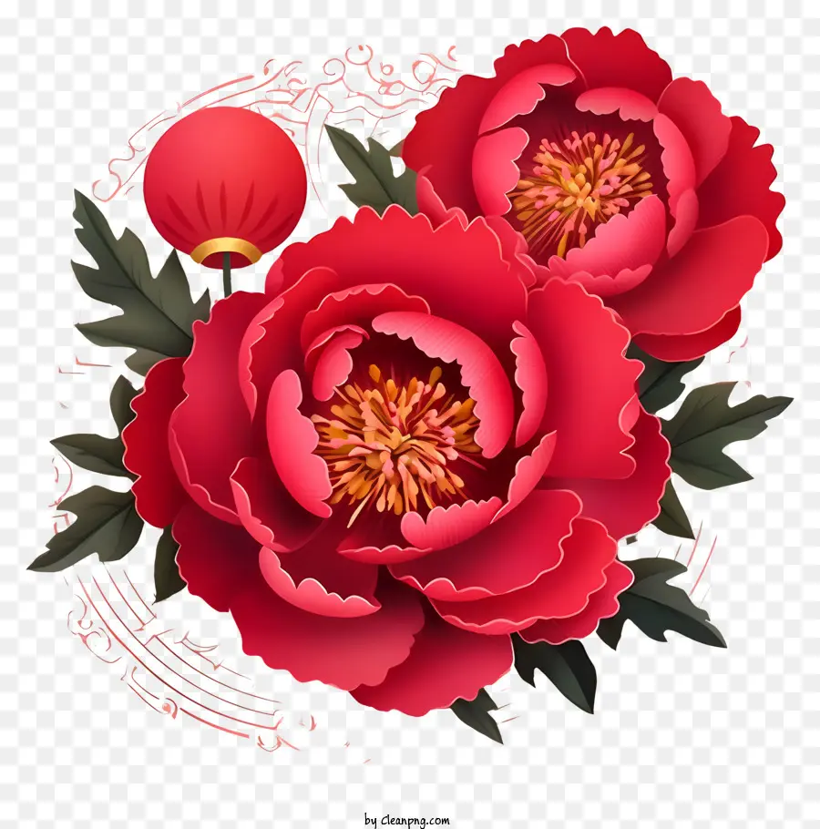 Peony ปีใหม่ของจีนที่สมจริง，สีแดง Peony ดอกไม้ PNG
