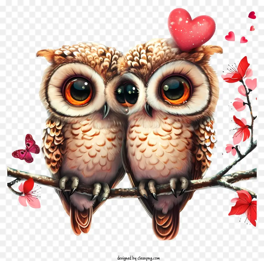 Psd 3d Romantic Valentine Owl，นกฮูกบนสาขา PNG