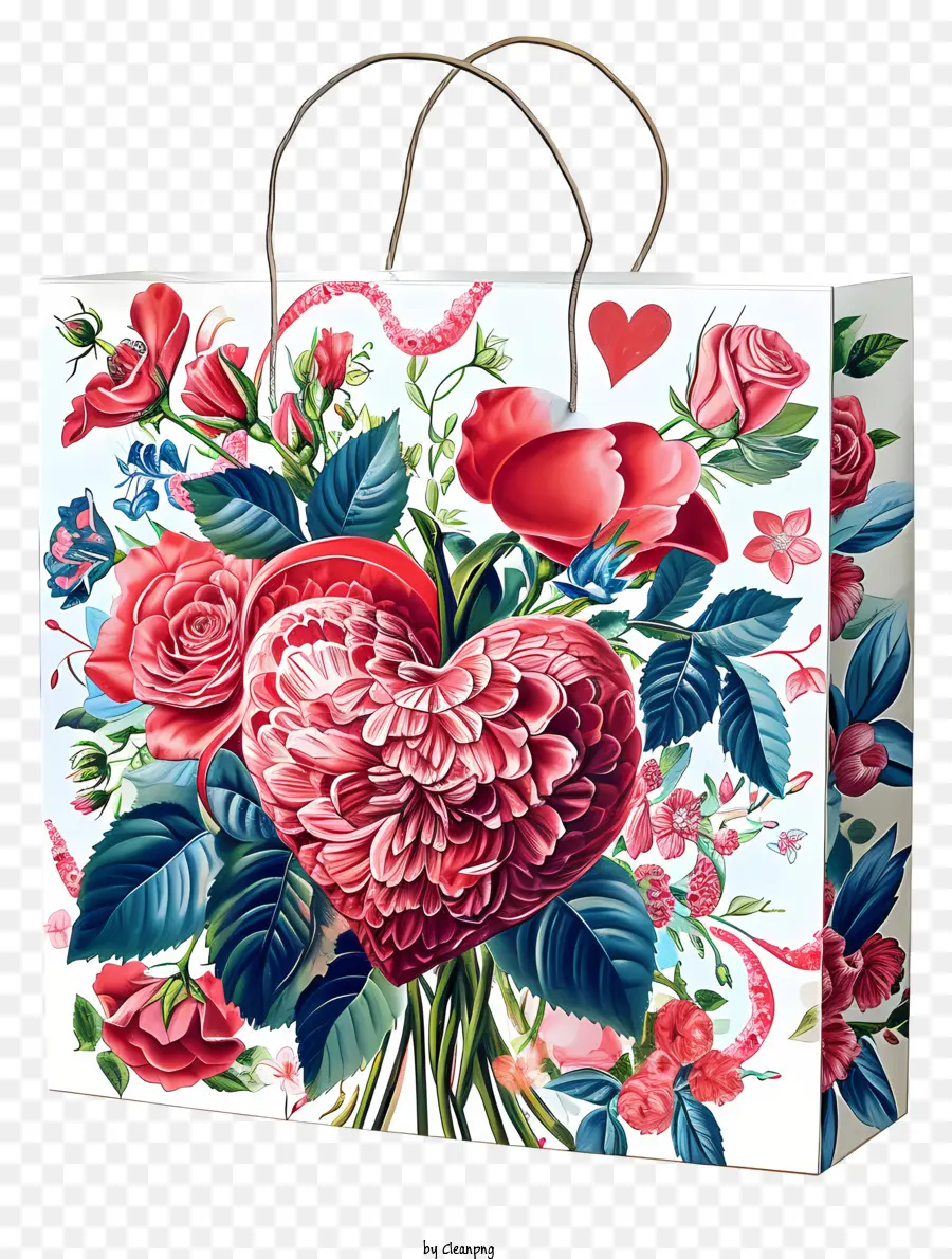 ถุงของขวัญวาเลนไทน์，ช่อดอกไม้สีชมพูและสีแดง PNG