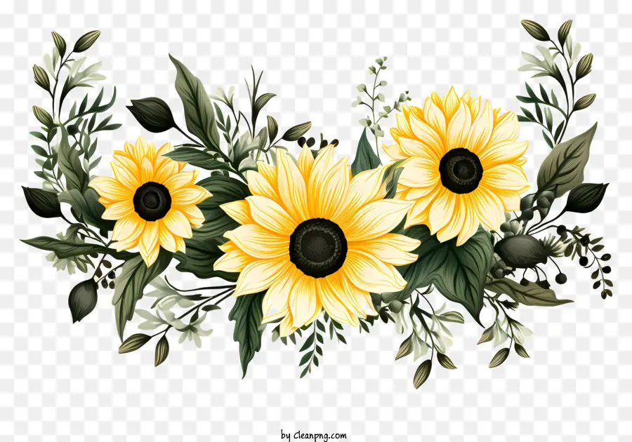 เส้นขอบดอกไม้สไตล์ Doodle，Sunflower ช่อดอกไม้ PNG