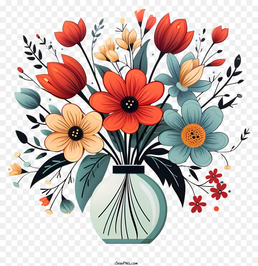 Doodle Style Flower In Vase，ช่อดอกไม้สีสันสดใส PNG