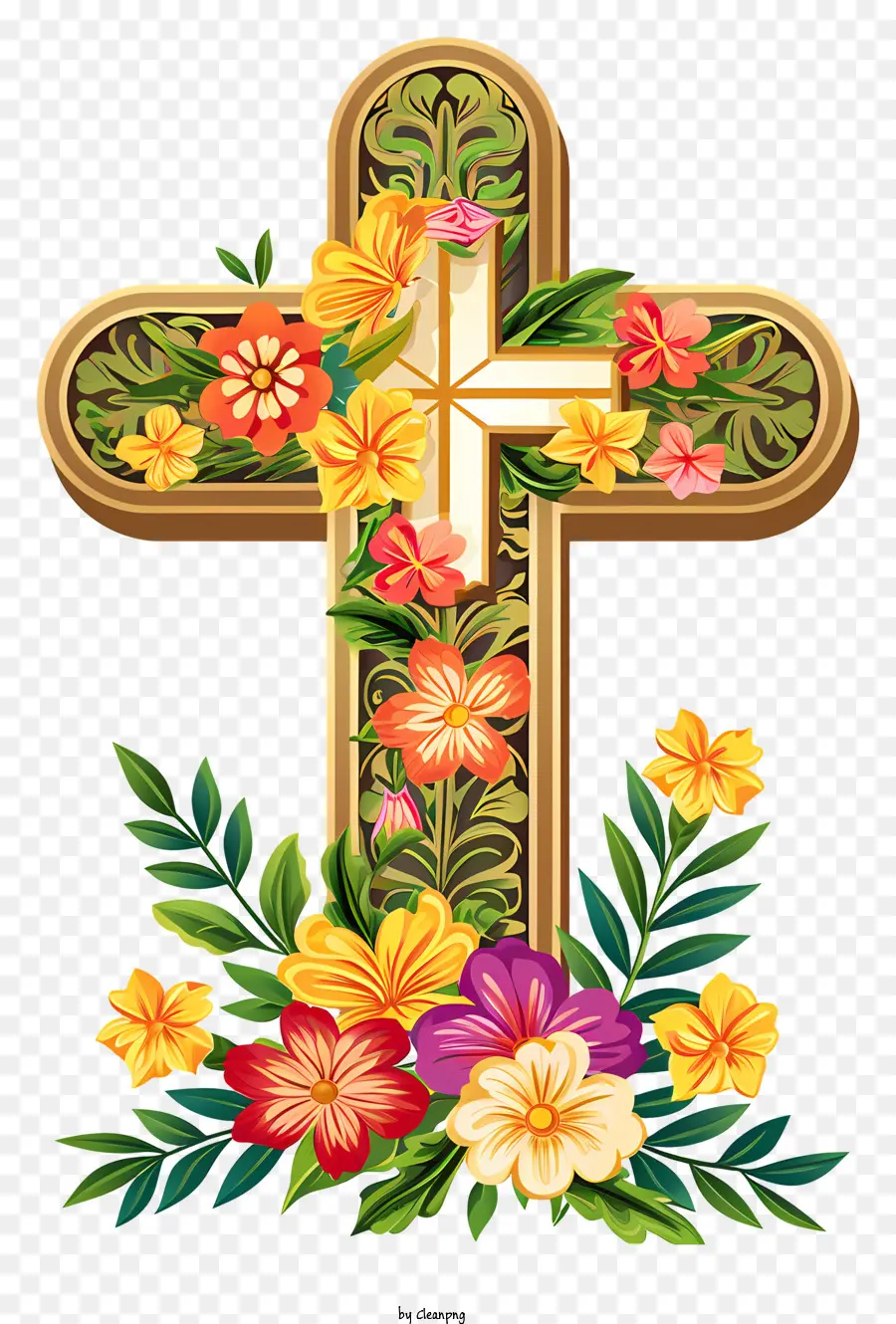 Happy Easter Cross，ข้ามด้วยดอกไม้ PNG