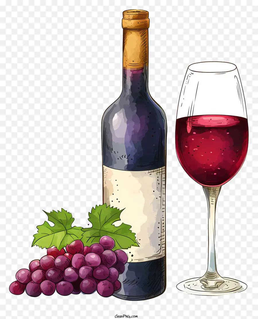 ขวดสไตล์ Doodle พร้อมไวน์แดงและแก้ว，ไวน์ PNG
