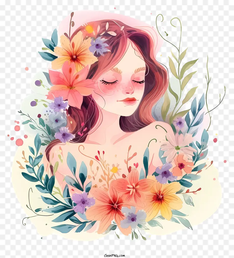 ผู้หญิงสีน้ำและดอกไม้，ดิจิตอลภาพวาด PNG