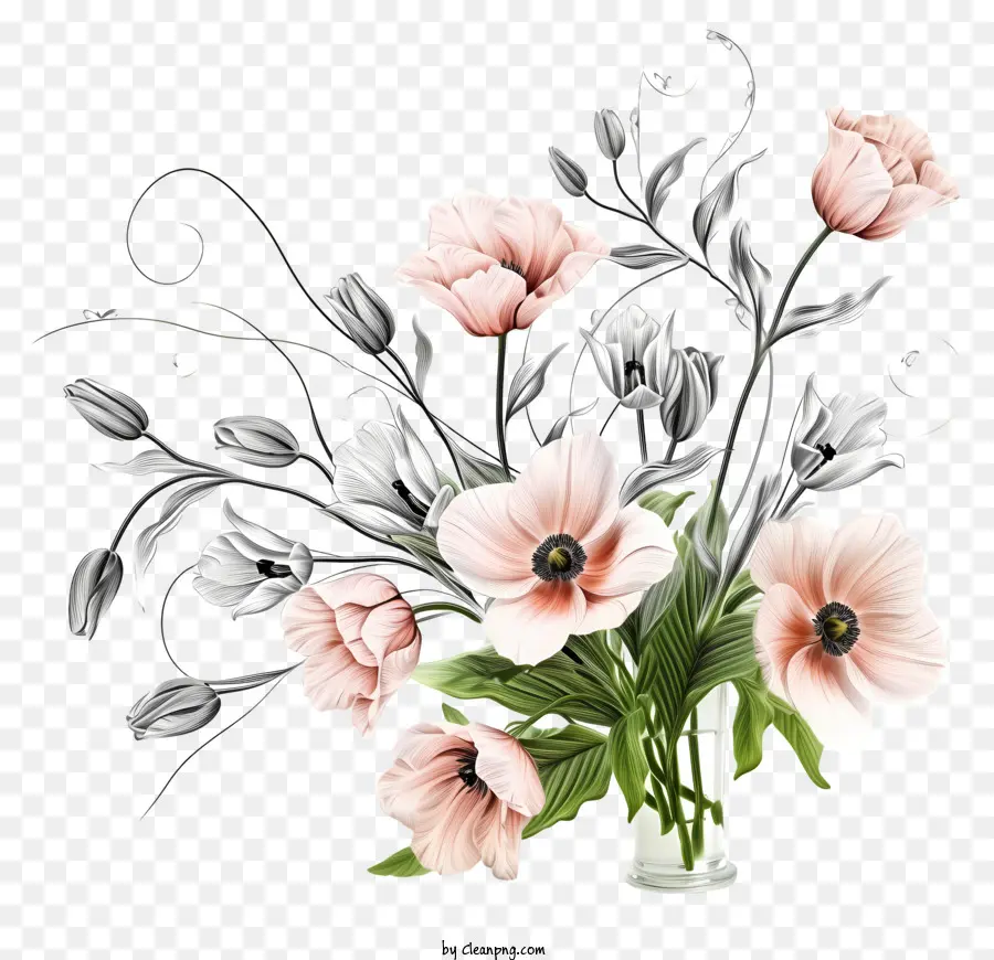 การออกแบบการจัดเรียงดอกไม้ที่สง่างาม，สีชมพูและสีขาวดอกไม้ PNG