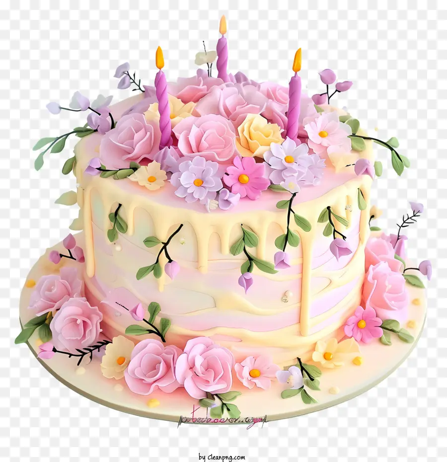 เค้กวันเกิดพาสเทลและดอกไม้，สีขาวเค้ก PNG