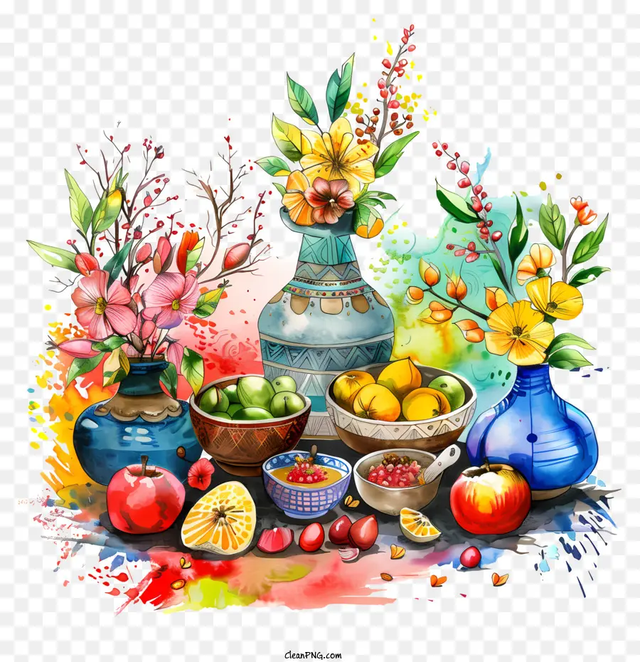 Happy Nowruz，แจกันดอกไม้และผลไม้ PNG