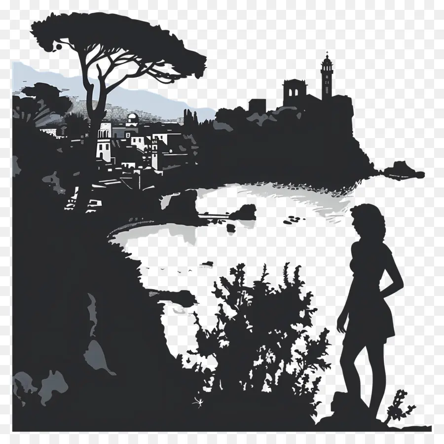 Silhouette Sicily Taormina，ภาพเงาของผู้หญิงริมทะเล PNG