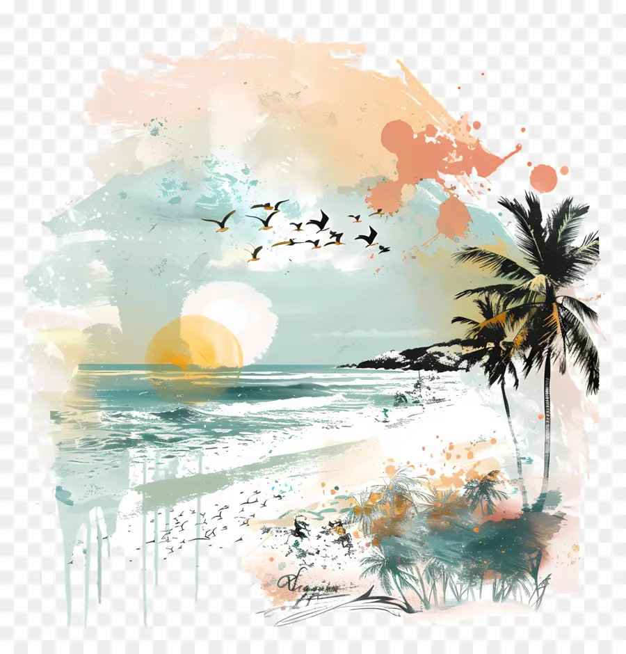 ฤดูร้อนเริ่มต้นขึ้น，ภาพวาดชายหาด PNG