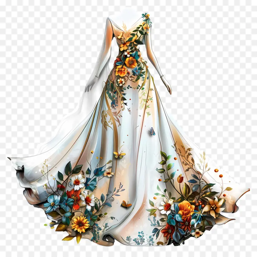สีขาวชุดแต่งงาน，ชุดลวดลายดอกไม้ PNG