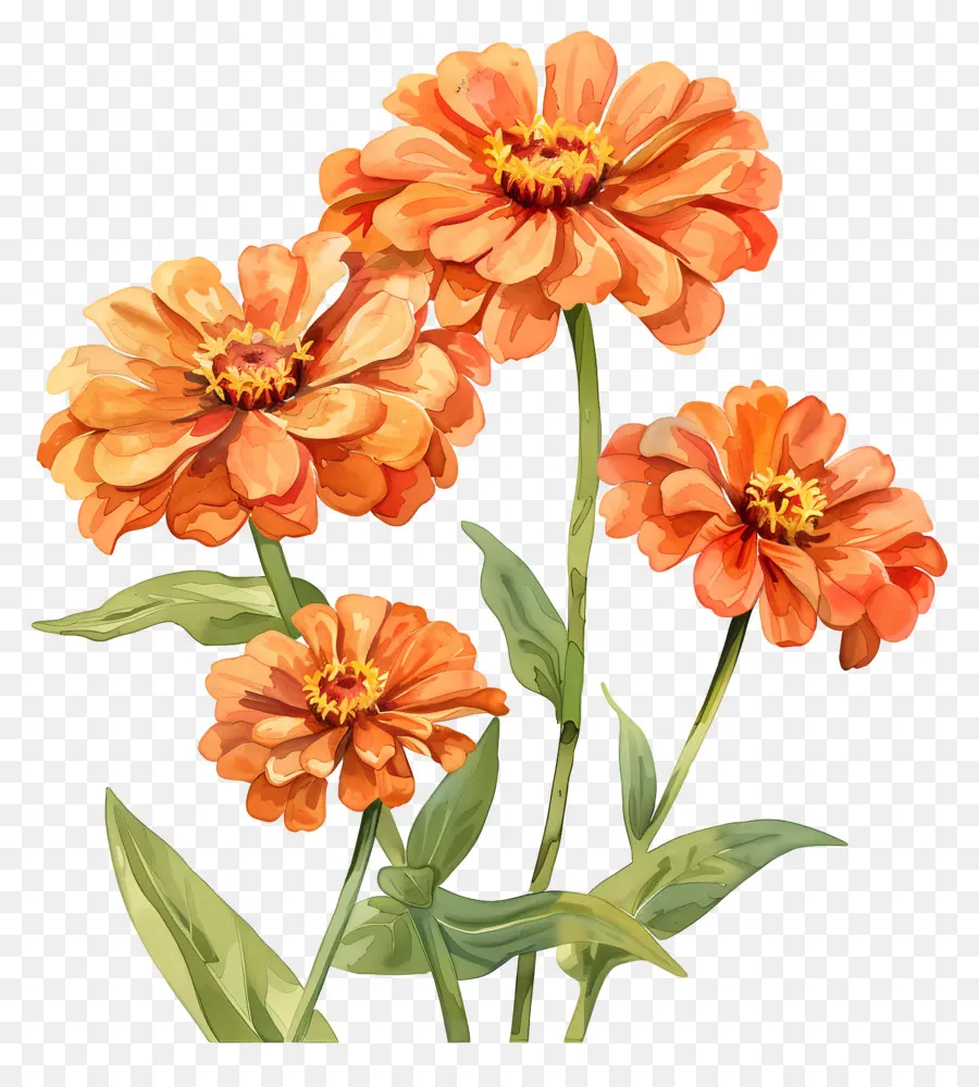 Zinnias สีส้ม，ดอกไม้สีเหลือง PNG