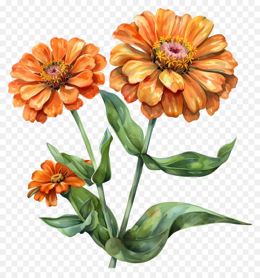 Zinnias สีส้ม，ดอกไม้สีเหลือง PNG