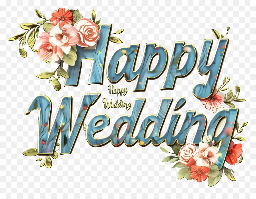 งานแต่งงานมีความสุข，ตัวอักษรลายดอกไม้ PNG