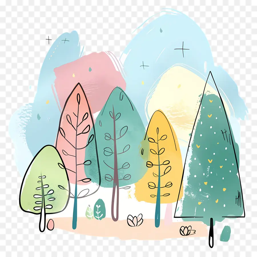 Doodle Forest，ต้นไม้สีสันสดใส PNG