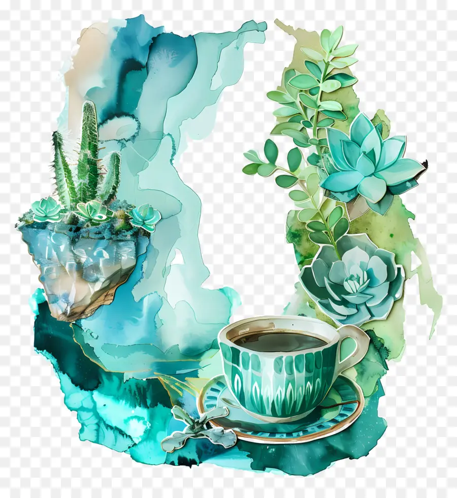 กาแฟ，กาแฟและ Succulents PNG