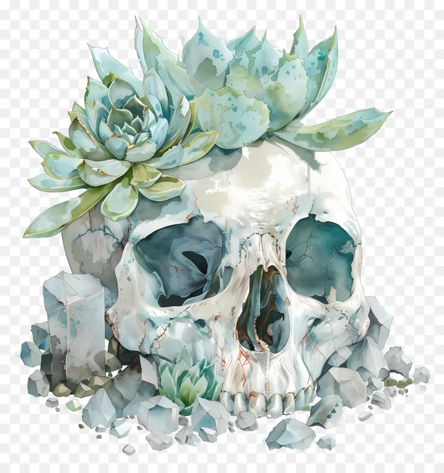 กะโหลกศีรษะ，กะโหลกศีรษะกับ Succulents PNG