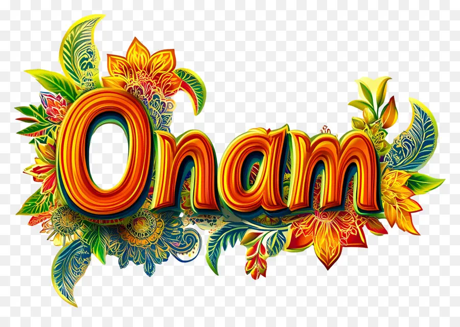 Onam，ข้อความ Onam ด้วยดอกไม้ PNG