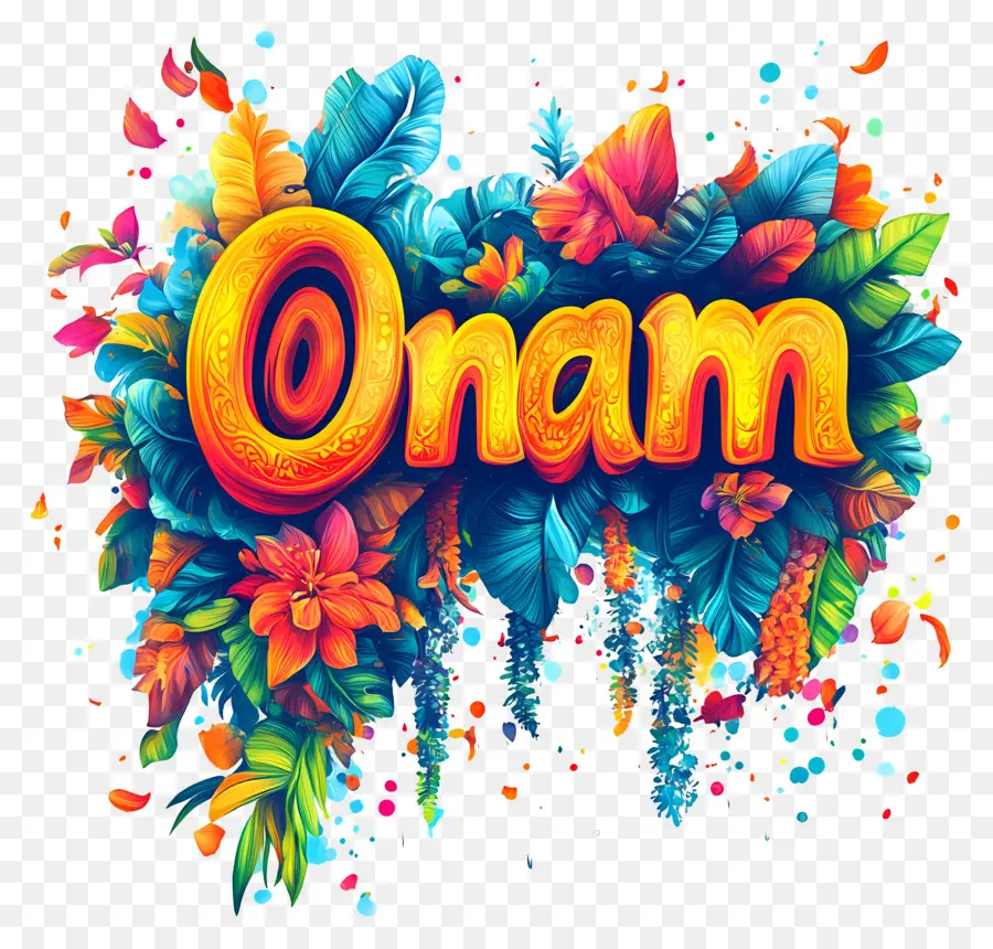 Onam，ข้อความ Onam ที่มีพื้นหลังดอกไม้ PNG