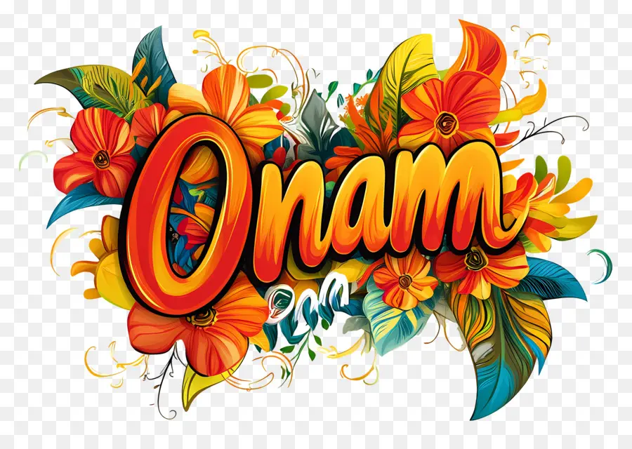 Onam，ข้อความ Onam ด้วยดอกไม้ PNG