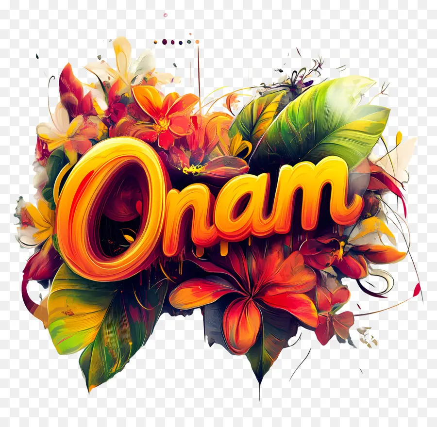 Onam，ข้อความ Onam ที่มีพื้นหลังดอกไม้ PNG