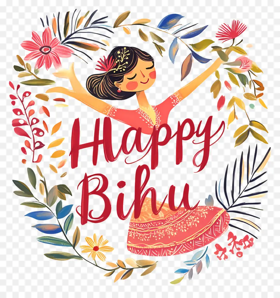 Happy Bihu，ข้อความ Happy Bihu พร้อมการออกแบบดอกไม้ PNG