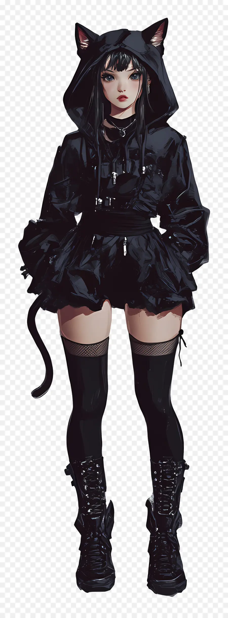 สาวแมว，Cat Eared Girl In Black Outfit PNG