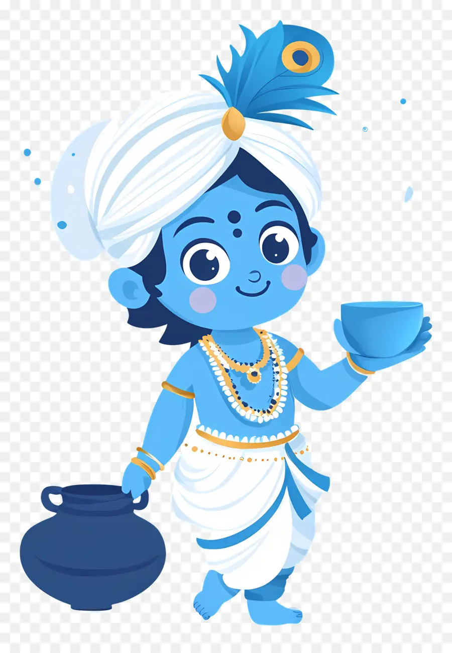 Krishna Janmashtami，เด็กสีฟ้าที่มีหม้อและถ้วย PNG