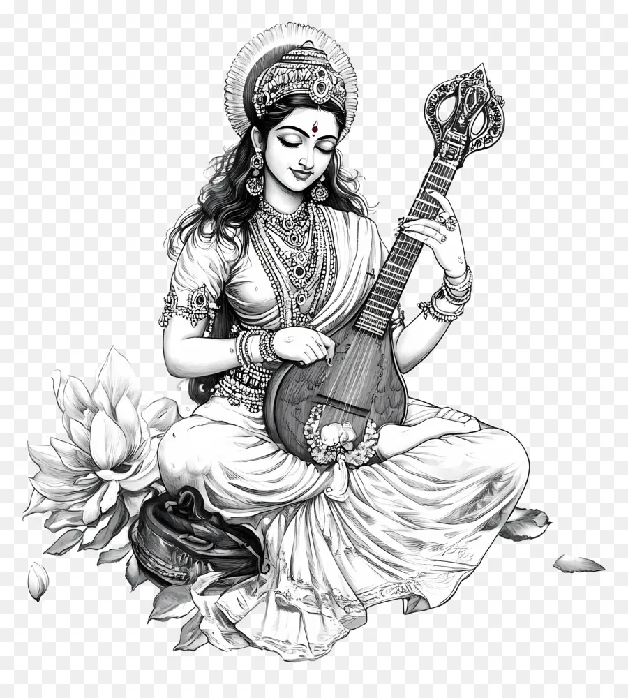 Saraswati，เทพธิดาเล่น Veena PNG